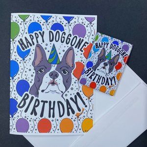 Boston Terrier Rainbow Birthday Gift Set, Handmade 5x7" Card & 2x3" Magnet